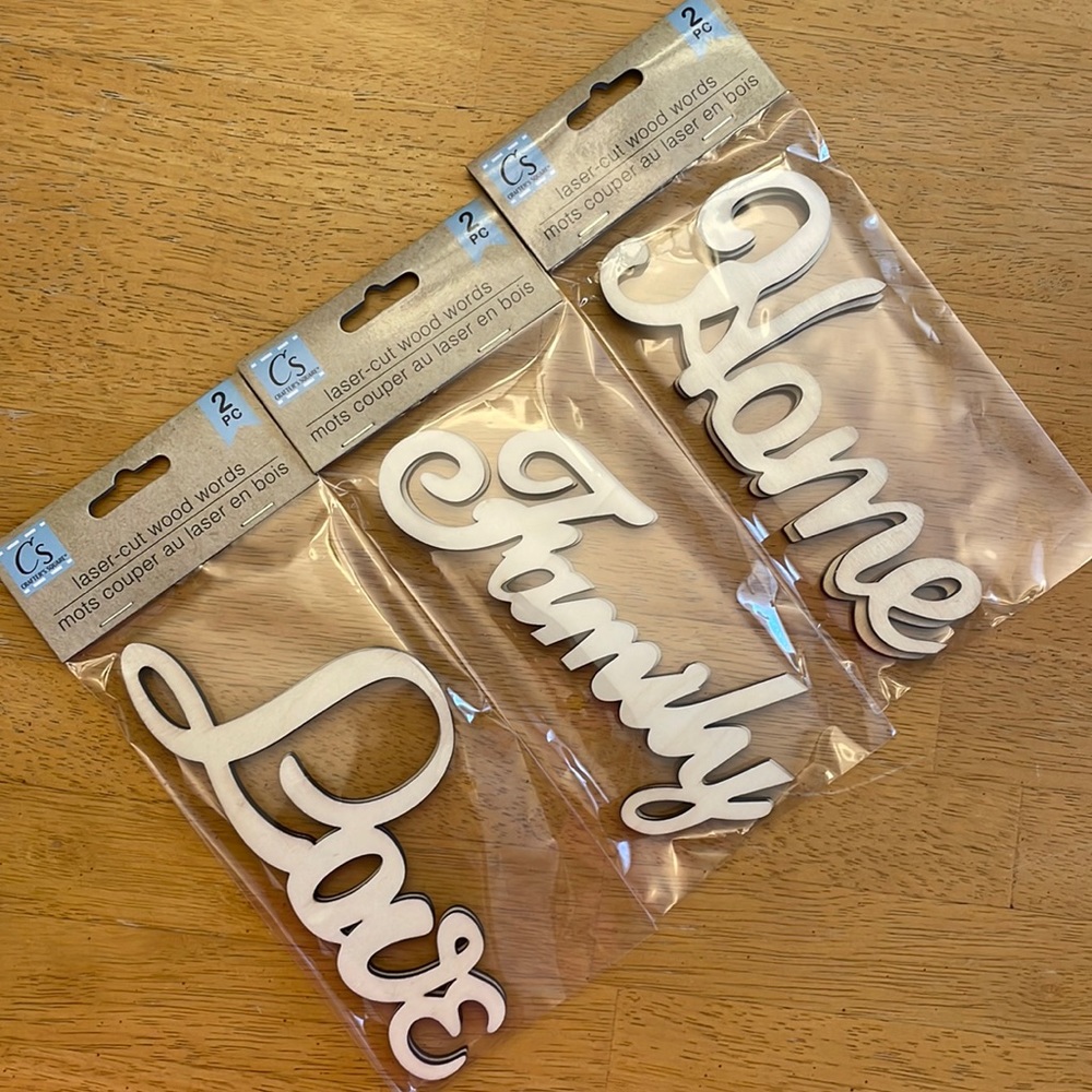 Set of 3 packages Lasercut Wooden Words, 2 each of Love, Home and Family